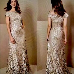 Anthropologie Tadashi Shoji Odette Off Shoulder Sequenced Champagne Gown Sz 8